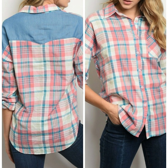ROLYPOLY Peach Blue Checkered Chambray Top - Picture 3 of 3